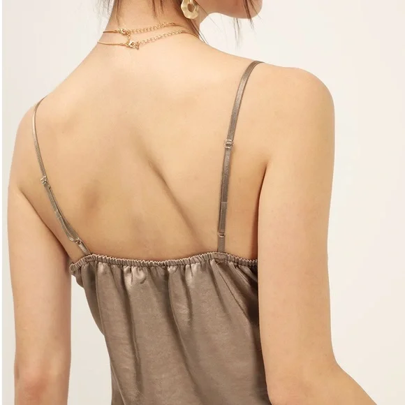 storets Satin Slip Mini Dress in Taupe/Brown silky quite luxury boho festival - Picture 7 of 11